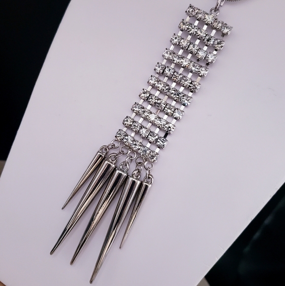 Rhinestone and Spike Necklace Silver Tone - Picture 3 of 4
